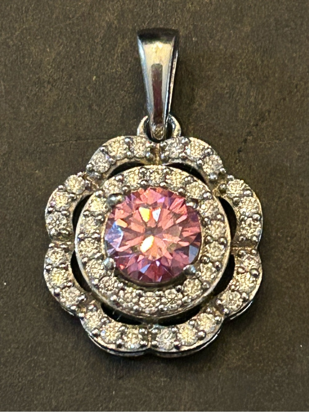 1.22CTW Round Moissanite Fire & Pink Moissanite Center Floral Halo Pendant 925SS
